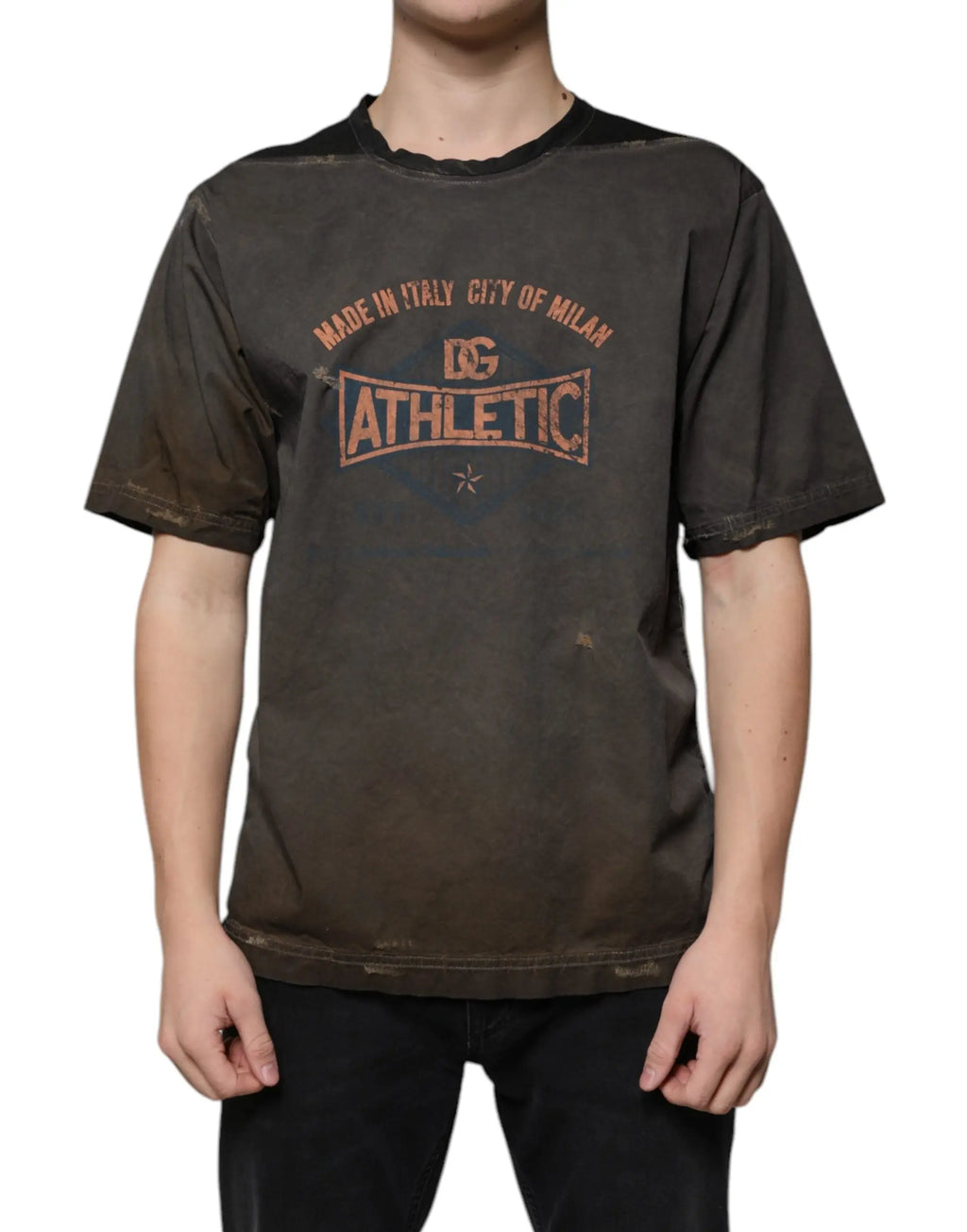T-shirt dolce & gabbana en coton marron avec imprimé graphique, col rond, texte orange délavé et effet usé gris foncé