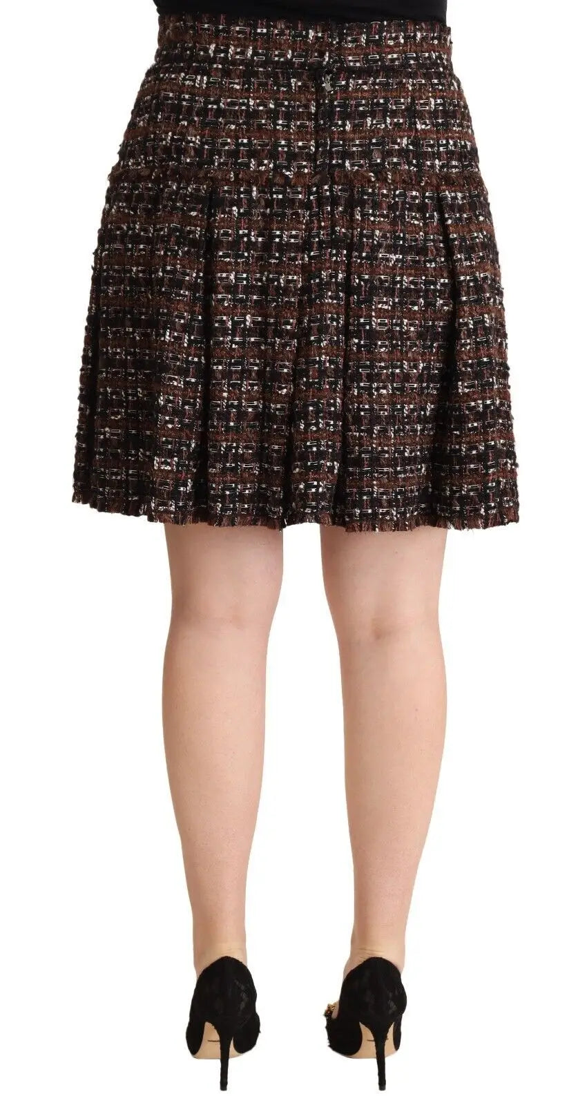 Jupe plissée en tweed dolce & gabbana marron foncé et noir à motif chevrons avec taille haute et bouton central