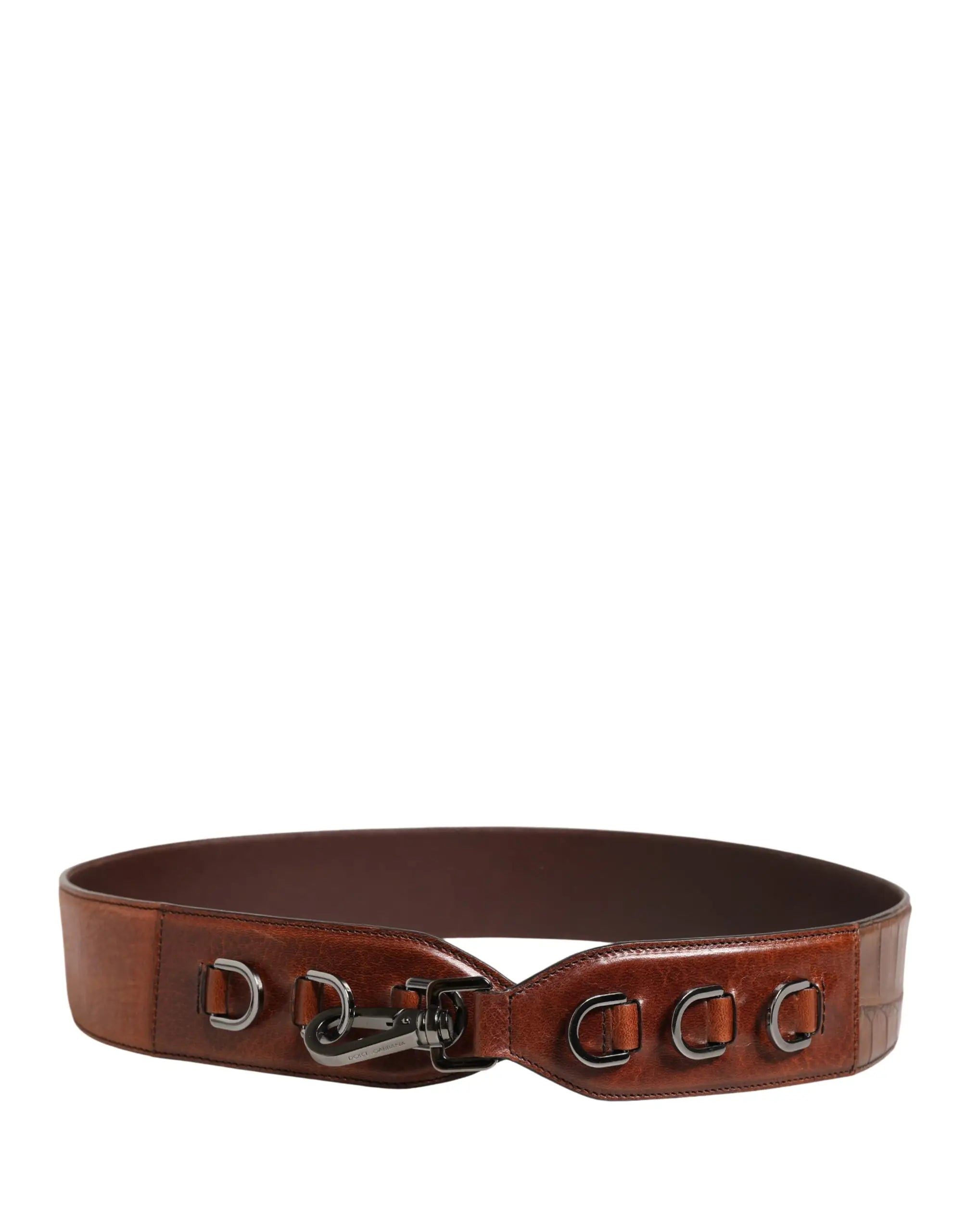 Sangle dépaule en cuir velours marron dolce et gabbana avec boucle en métal argenté et plusieurs anneaux d en métal