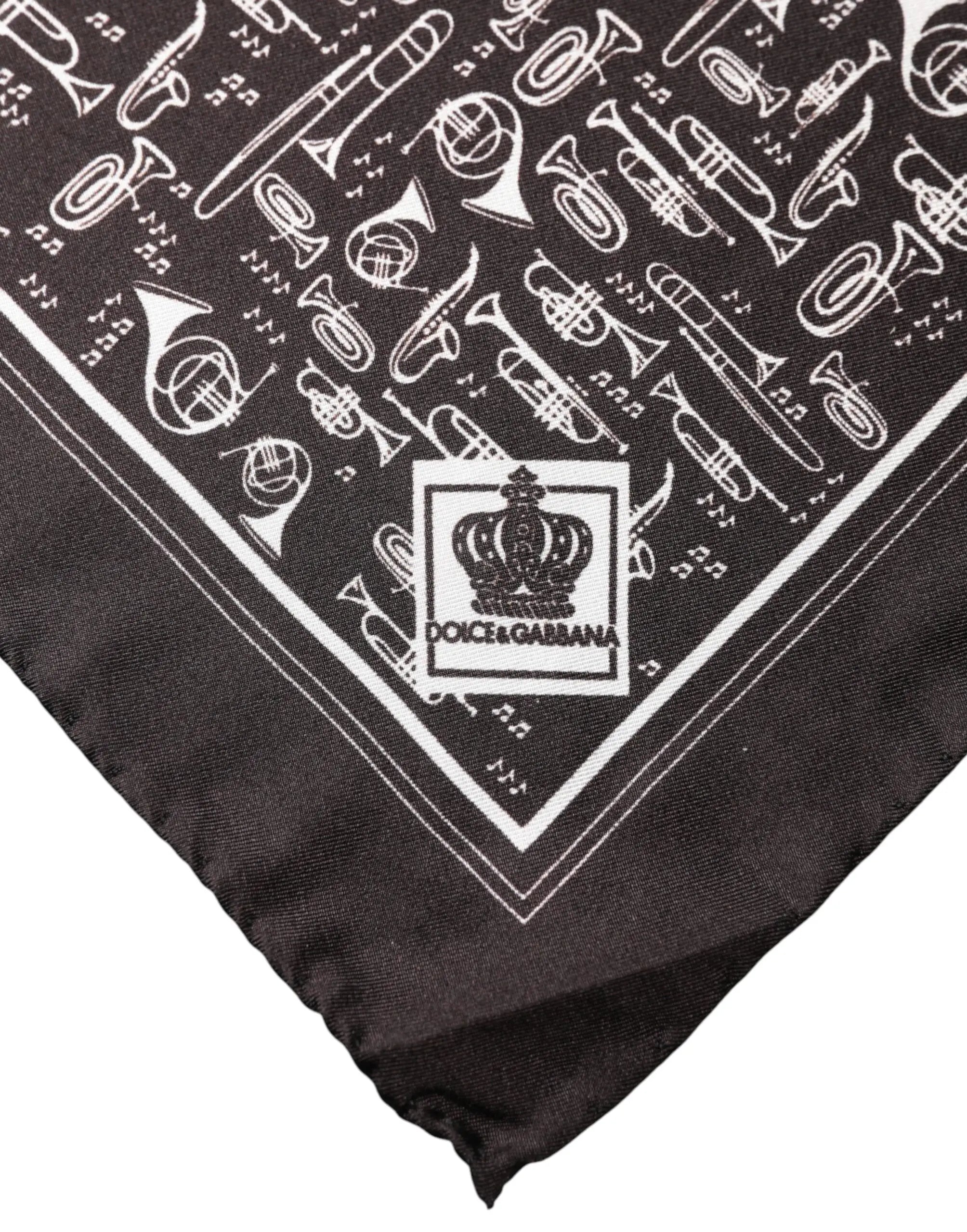 Bandana noir dolce & gabbana avec motifs blancs d instruments de musique et notes, logo couronne coin, 32cm x 31cm