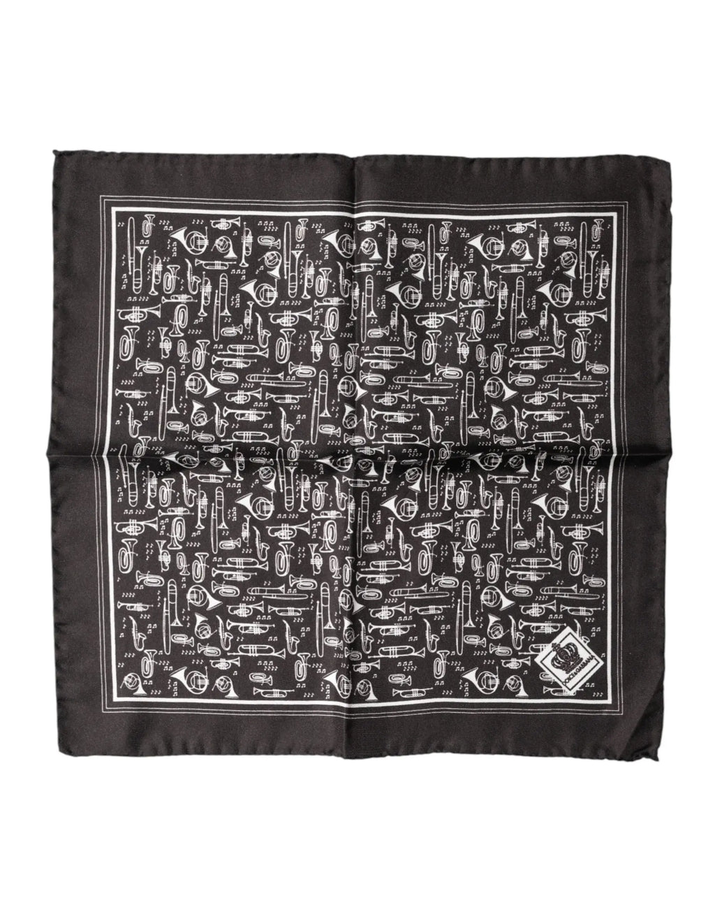 Pochette en soie noire dolce & gabbana avec motif dense d instruments à vent blancs pour hommes 32cm x 31cm