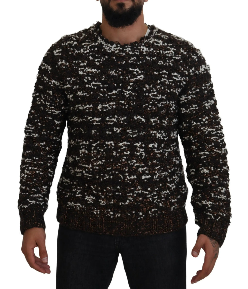 Dolce & gabbana sweater en laine marron tricotée à la main avec un motif en maille grosse et noir blanc moucheté