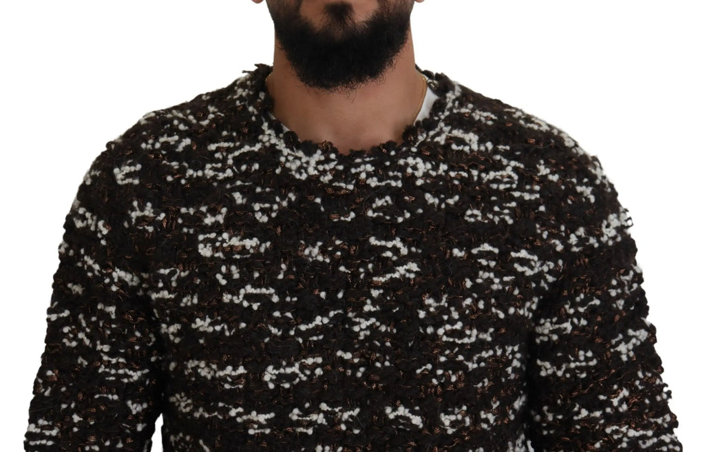 Dolce & gabbana pull en laine marron tricoté à la main effet moucheté noir et blanc