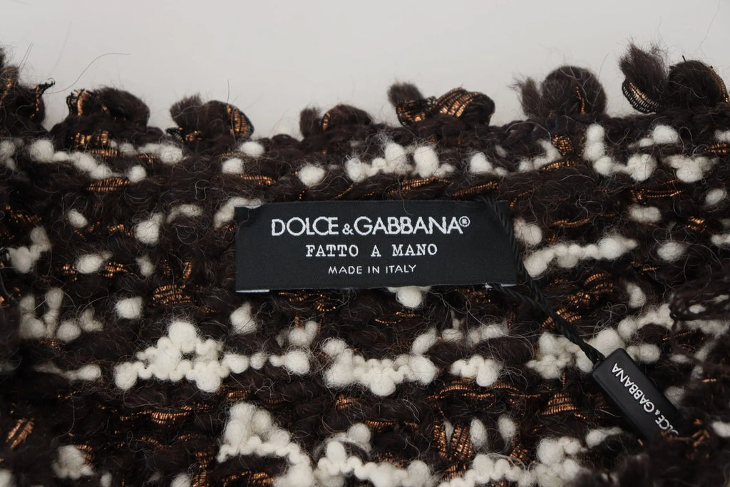 Dolce & gabbana pull en laine marron tricoté à la main avec motif texturé en fils blancs et accents dorés