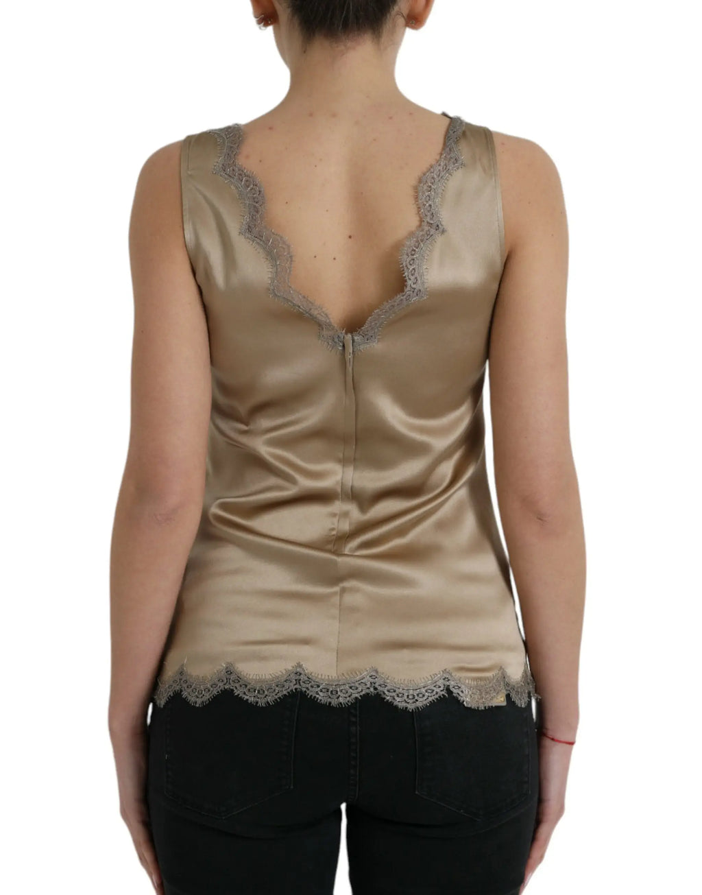 Dolce & gabbana débardeur sans manches en satin or avec bordure en dentelle marron délicate au col v et à l’ourlet