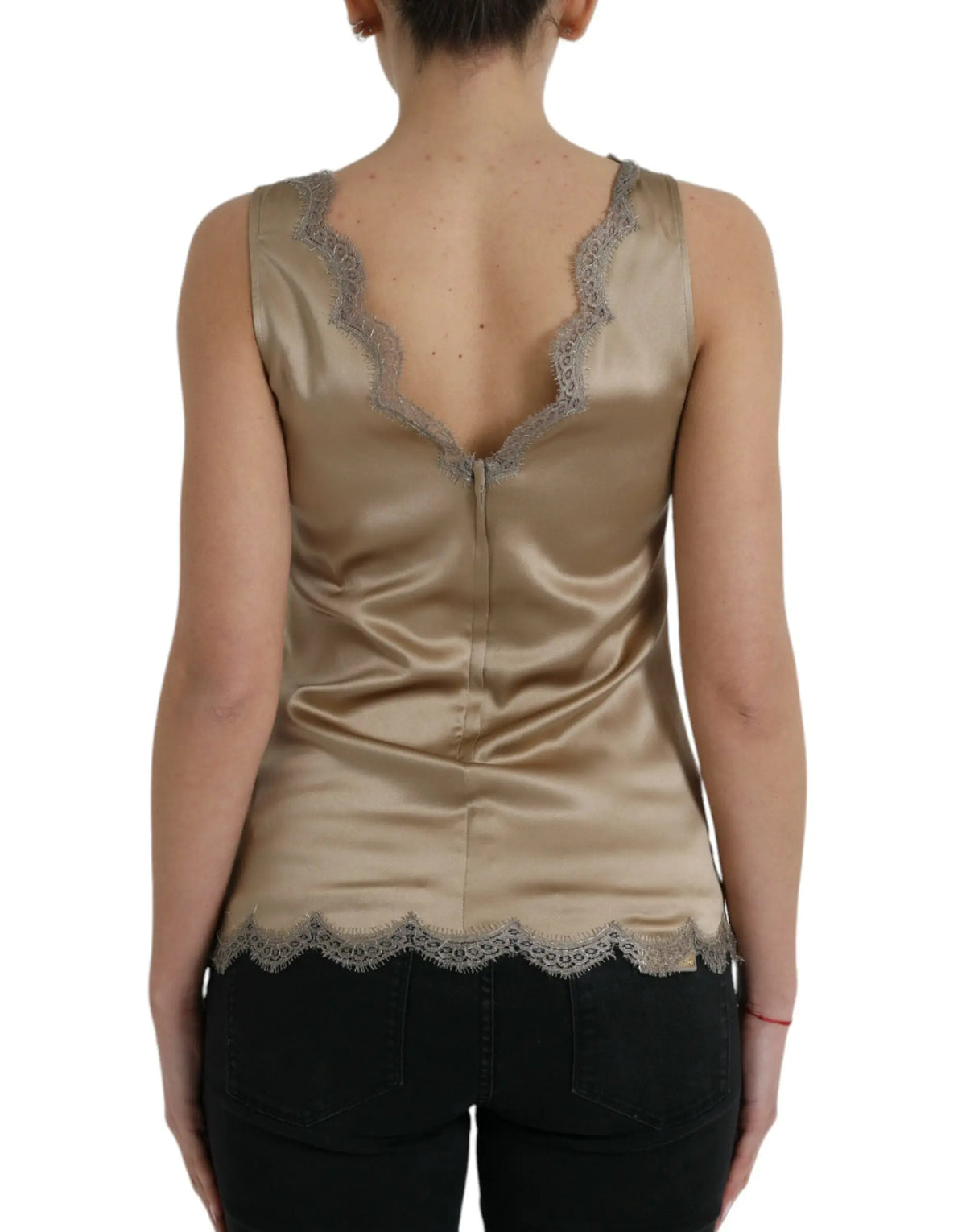 Dolce & gabbana débardeur sans manches en satin or avec bordure en dentelle marron délicate au col v et à l’ourlet