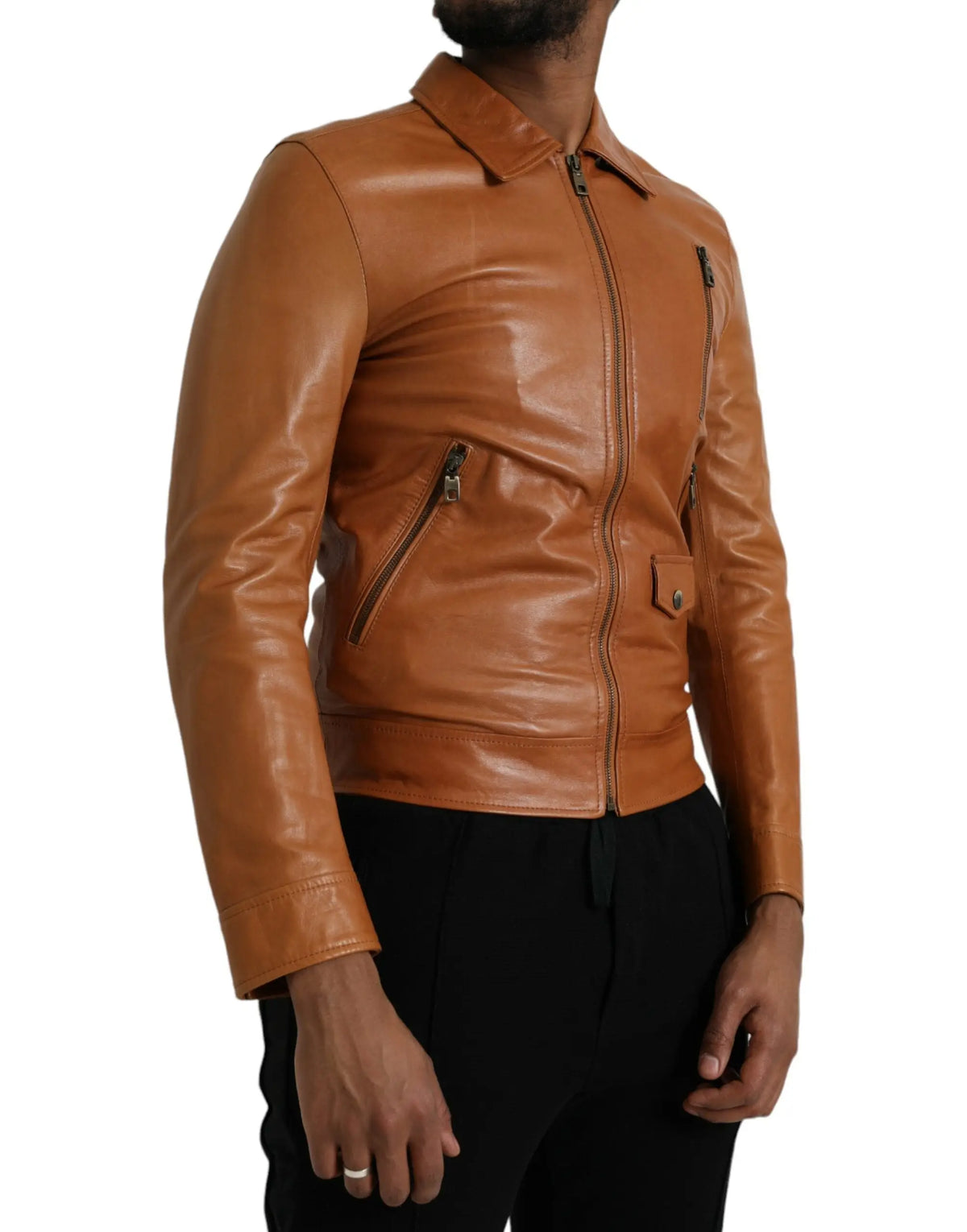 Veste blouson dolce & gabbana marron en cuir dagneau avec fermeture eclair frontale col et poches laterales