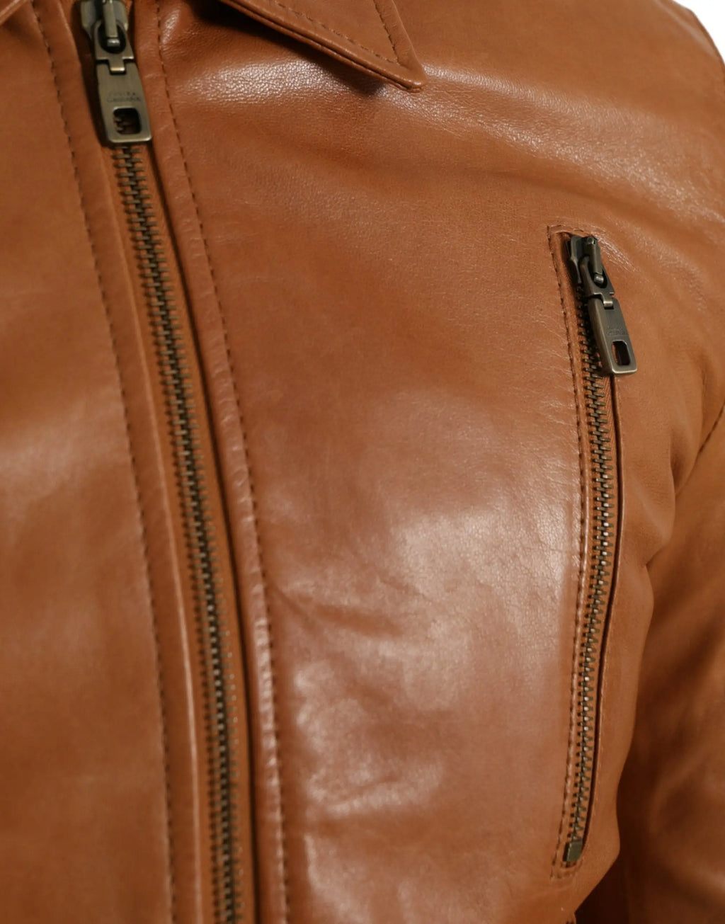 Dolce & gabbana blouson en cuir d’agneau marron avec fermeture éclair intégrale et coutures surpiquées en cuir tan