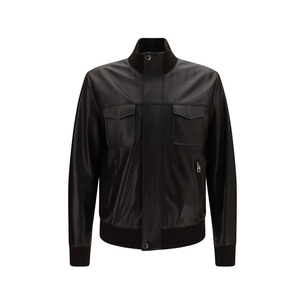 Dolce & gabbana brown lamb ovis aries bomber en cuir noir avec col montant et deux poches à rabat devant