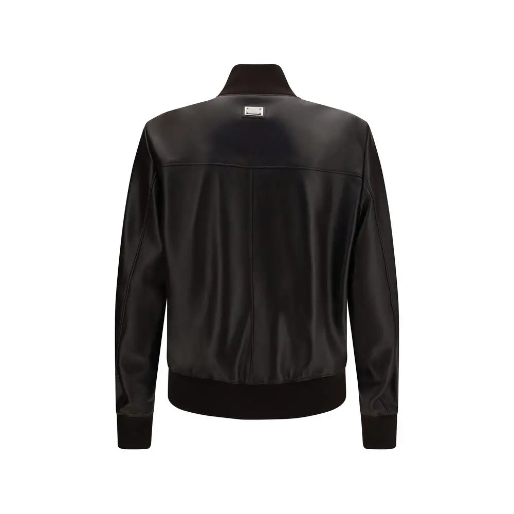 Dolce & gabbana brown lamb ovis aries bomber noir en cuir avec fini brillant et couture subtile