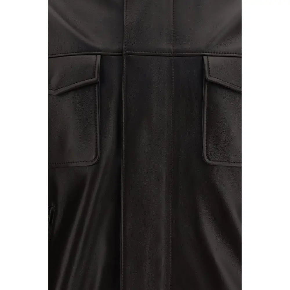 Veste bomber dolce & gabbana en cuir noir avec deux poches à rabat en agneau marron ovis aries