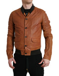 Veste bomber dolce gabbana en cuir dagneau marron perforé avec col et ceinture noirs