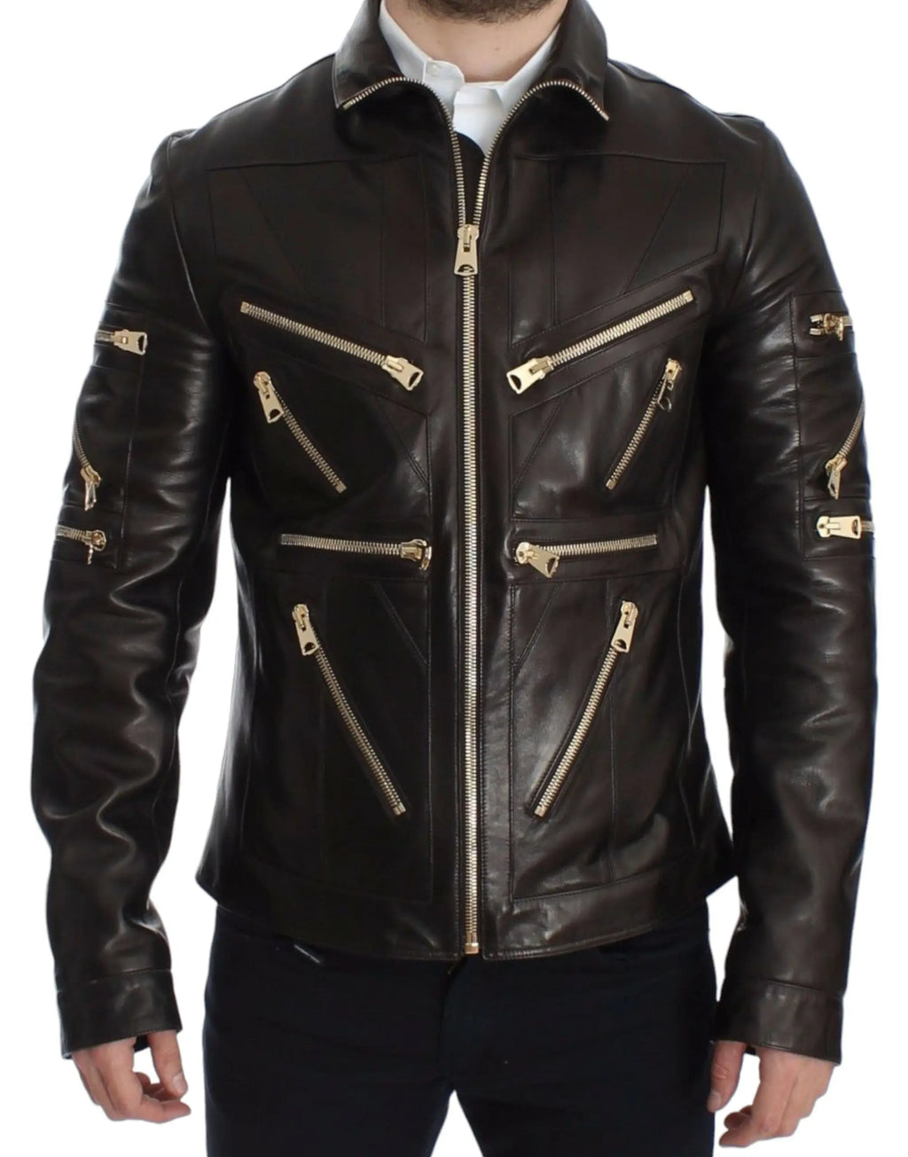 Dolce & Gabbana veste en cuir dagneau marron avec fermeture éclair dorée et multiples poches style motard