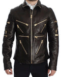 Dolce & Gabbana veste en cuir dagneau marron avec fermeture éclair dorée et multiples poches style motard