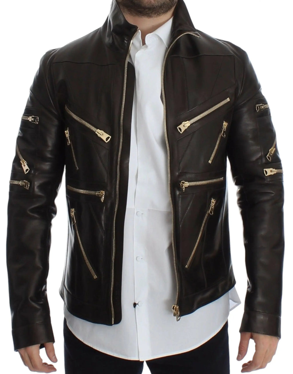 Dolce & gabbana veste en cuir dagneau marron avec fermeture éclair dorée et multiples poches style biker en cuir noir