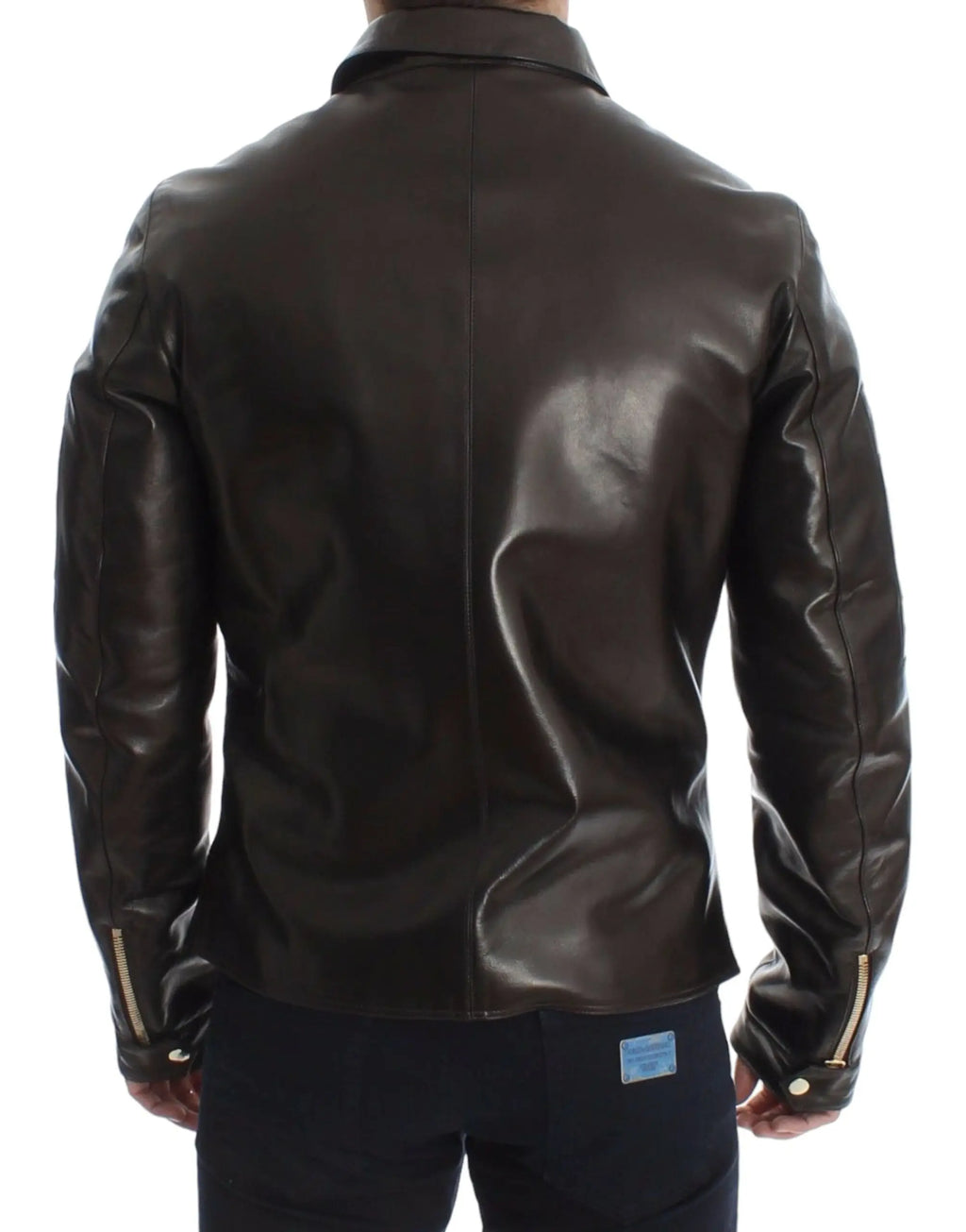 Veste en cuir d agneau marron dolce gabbana vue de dos avec fermetures eclairs dorees sur les manches et couture subtile