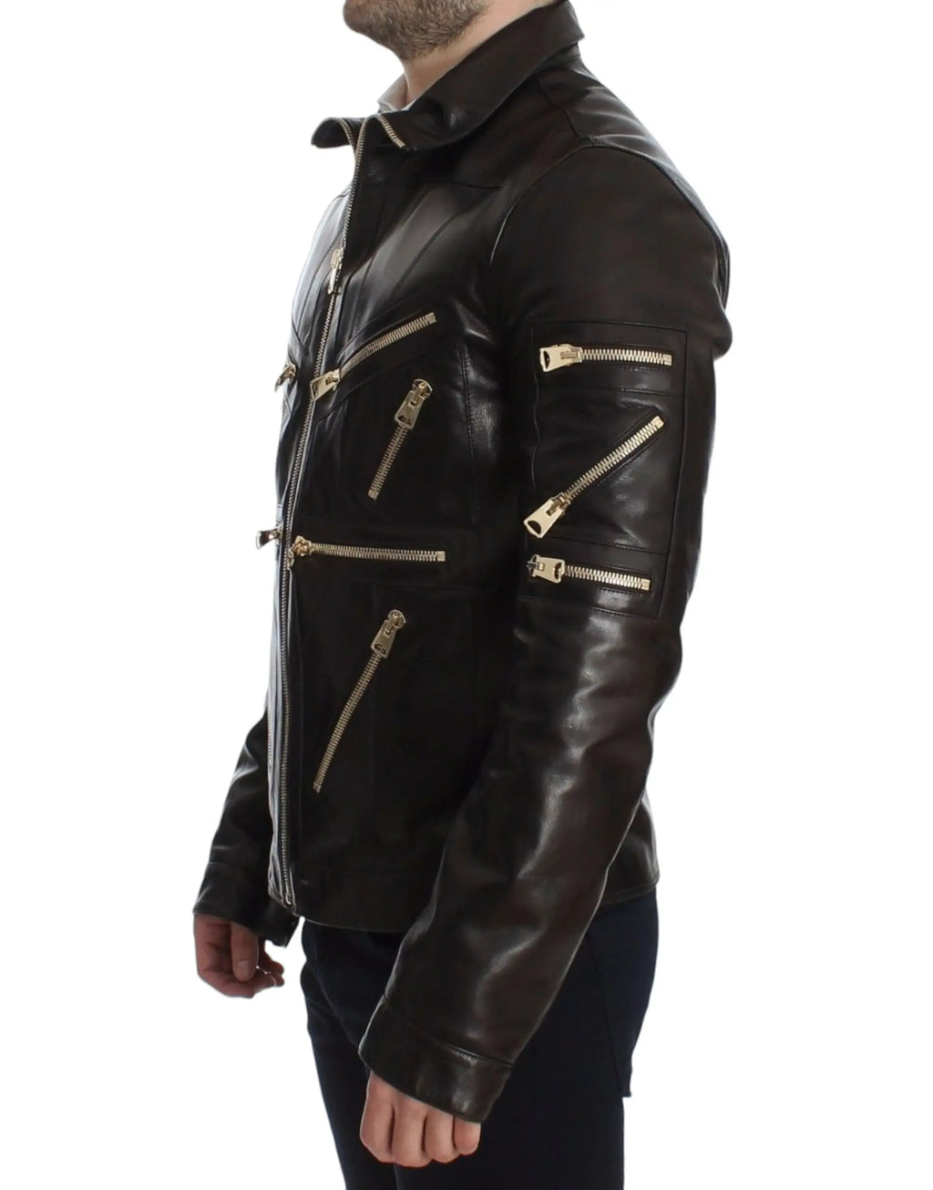Veste zippée en cuir d agneau marron dolce & gabbana avec col et fermetures éclair dorées