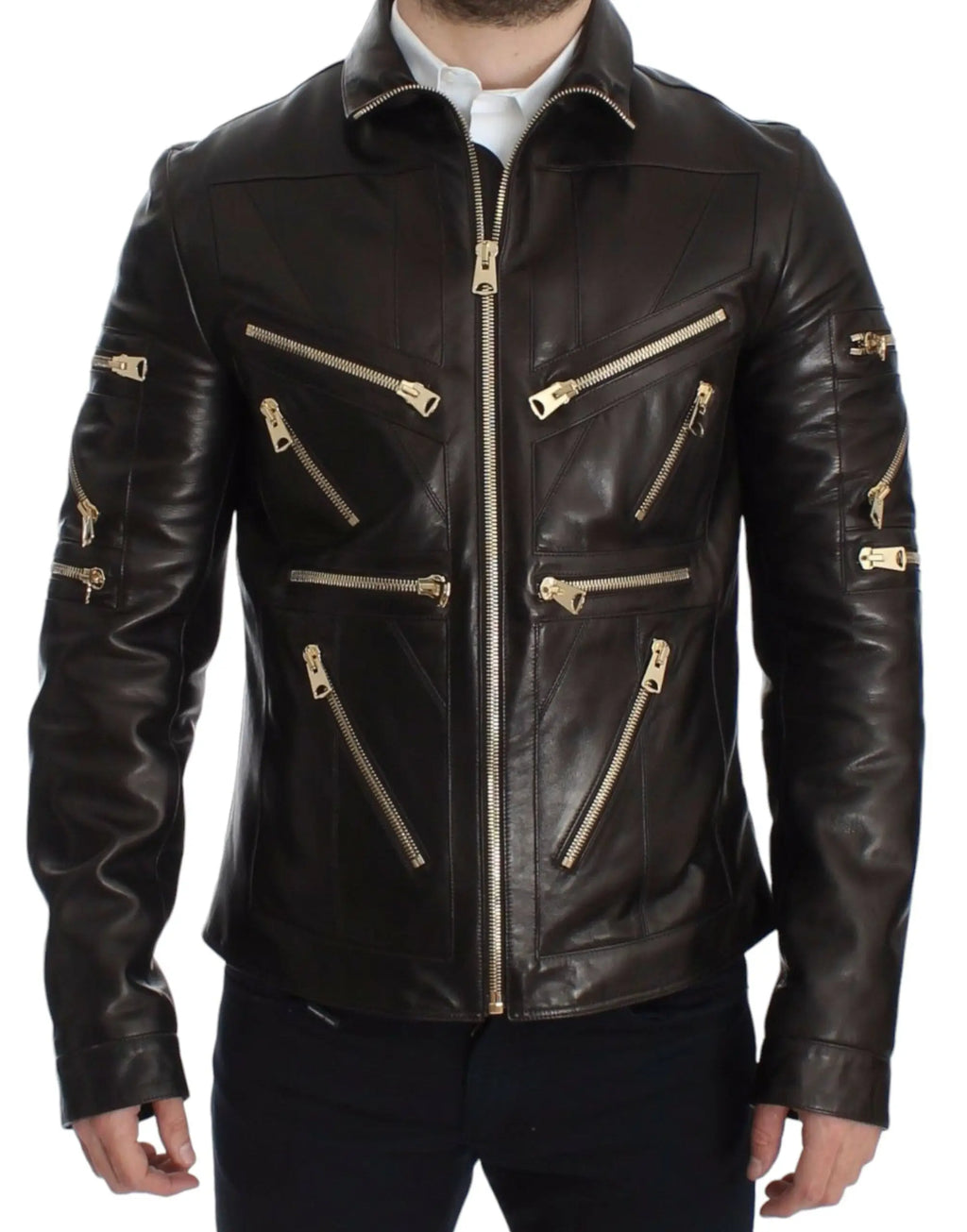 Dolce & gabbana veste en cuir dagneau marron avec fermeture éclair or et plusieurs poches en cuir noir