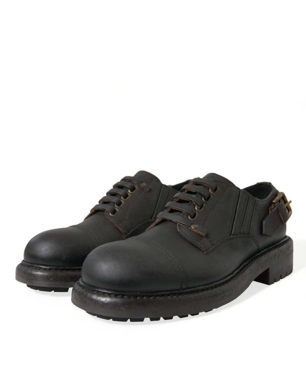 Dolce & gabbana brown leather lace up derby men dress shoes with black leather lace up and rugged sole with brown buckle detail