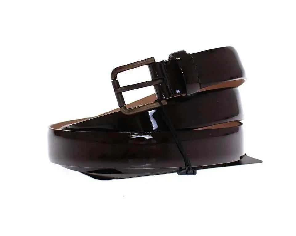 Dolce & gabbana brown leather logo belt with a sleek glossy black leather band and matching metallic buckle