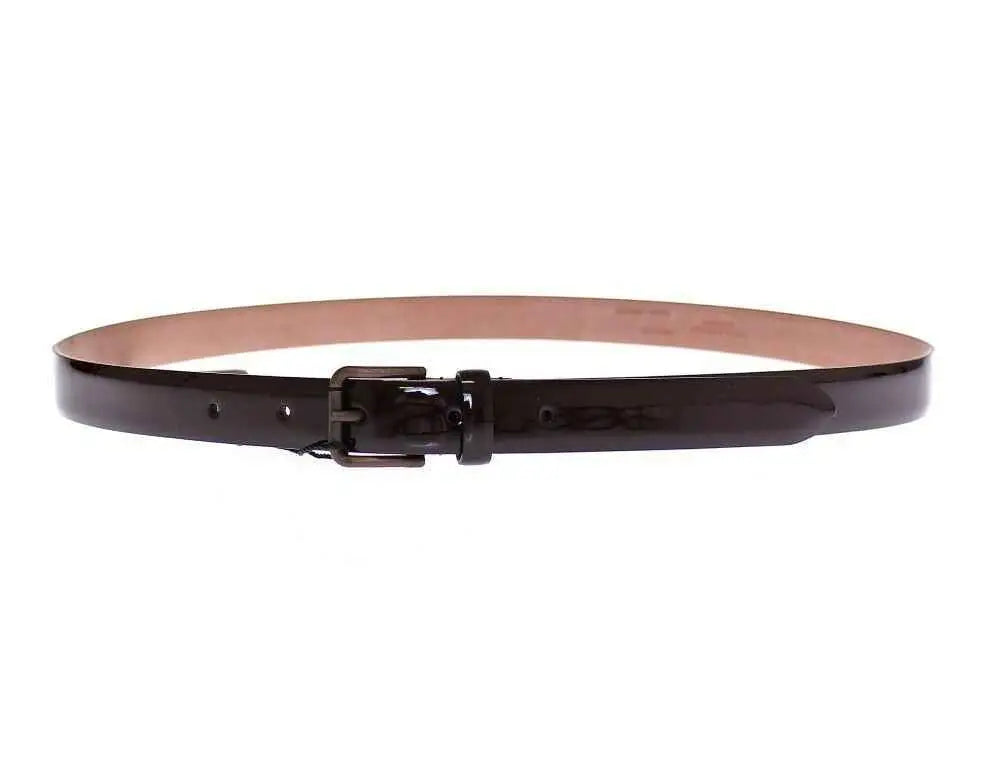 Black patent leather belt with a sleek minimalist buckle complementing dolce & gabbana brown leather logo cintura belt