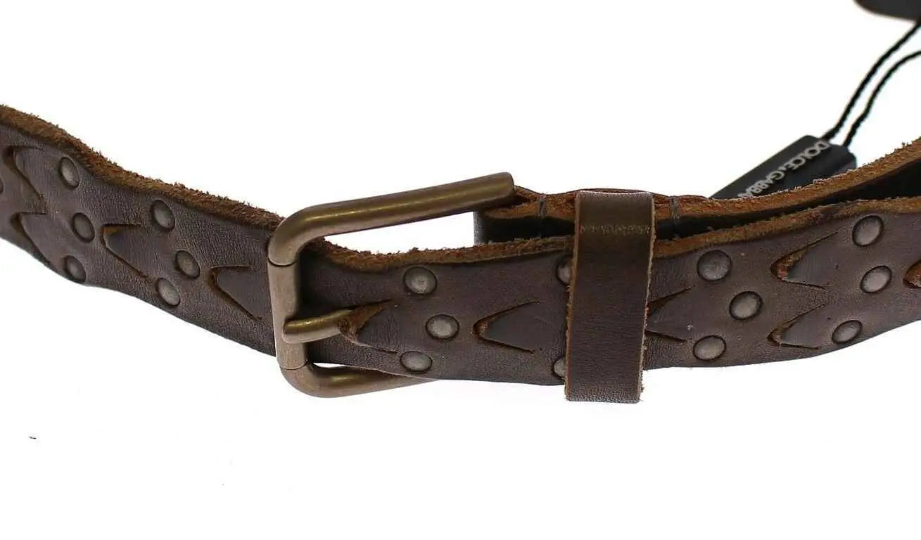 Dolce & gabbana brown leather cintura belt with embossed geometric patterns and brass toned buckle