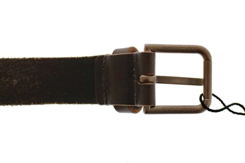 Ceinture dolce & gabbana en cuir marron avec boucle en métal bronze gravée du logo sur les côtés