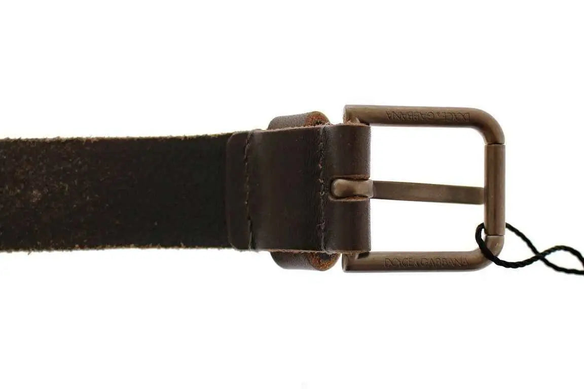 Ceinture dolce & gabbana en cuir marron avec boucle en métal bronze gravée du logo sur les côtés