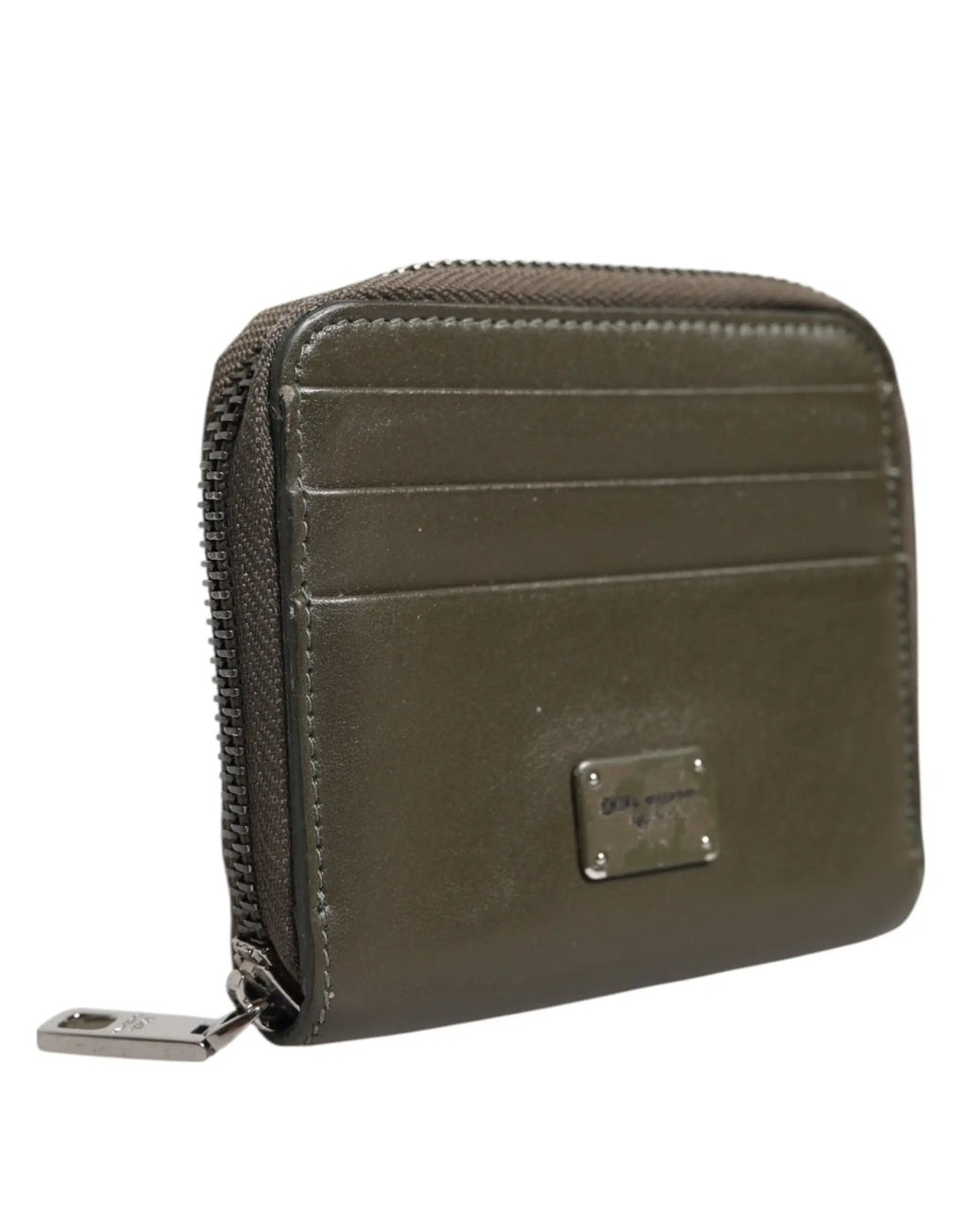 Porte-monnaie olive en cuir avec fermeture éclair plaque métallique et emplacements pour cartes dolce & gabbana marron