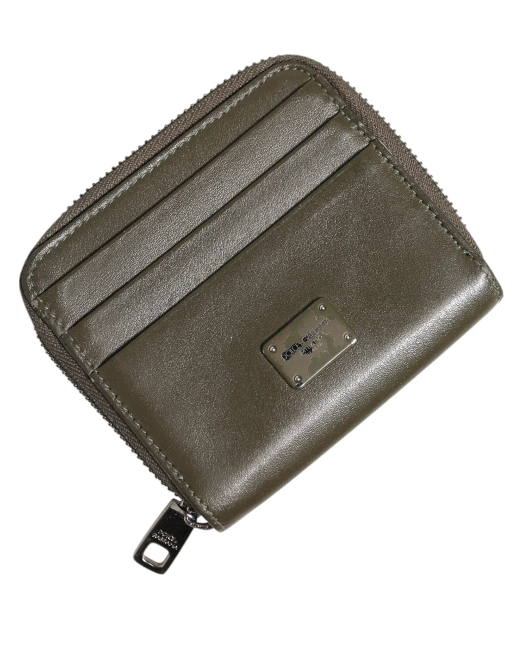 Portefeuille olive en cuir à fermeture éclair avec plaque métallique dolce & gabbana marron en cuir logo portefeuille pour pièce et cartes