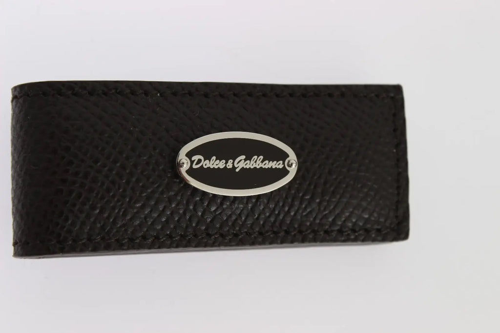 Dolce & gabbana black leather money clip with silver oval plaque logo and magnet clasp for men cash storage