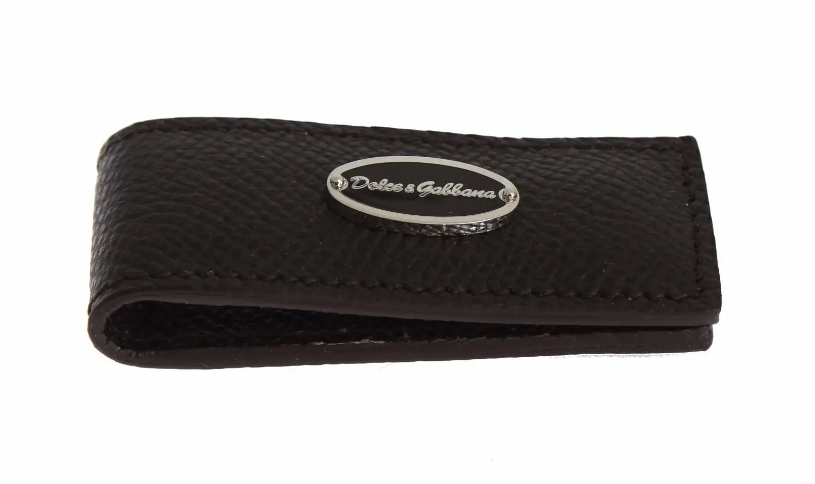 Black textured leather money clip with silver oval dolce & gabbana logo plaque for mens cash clasp