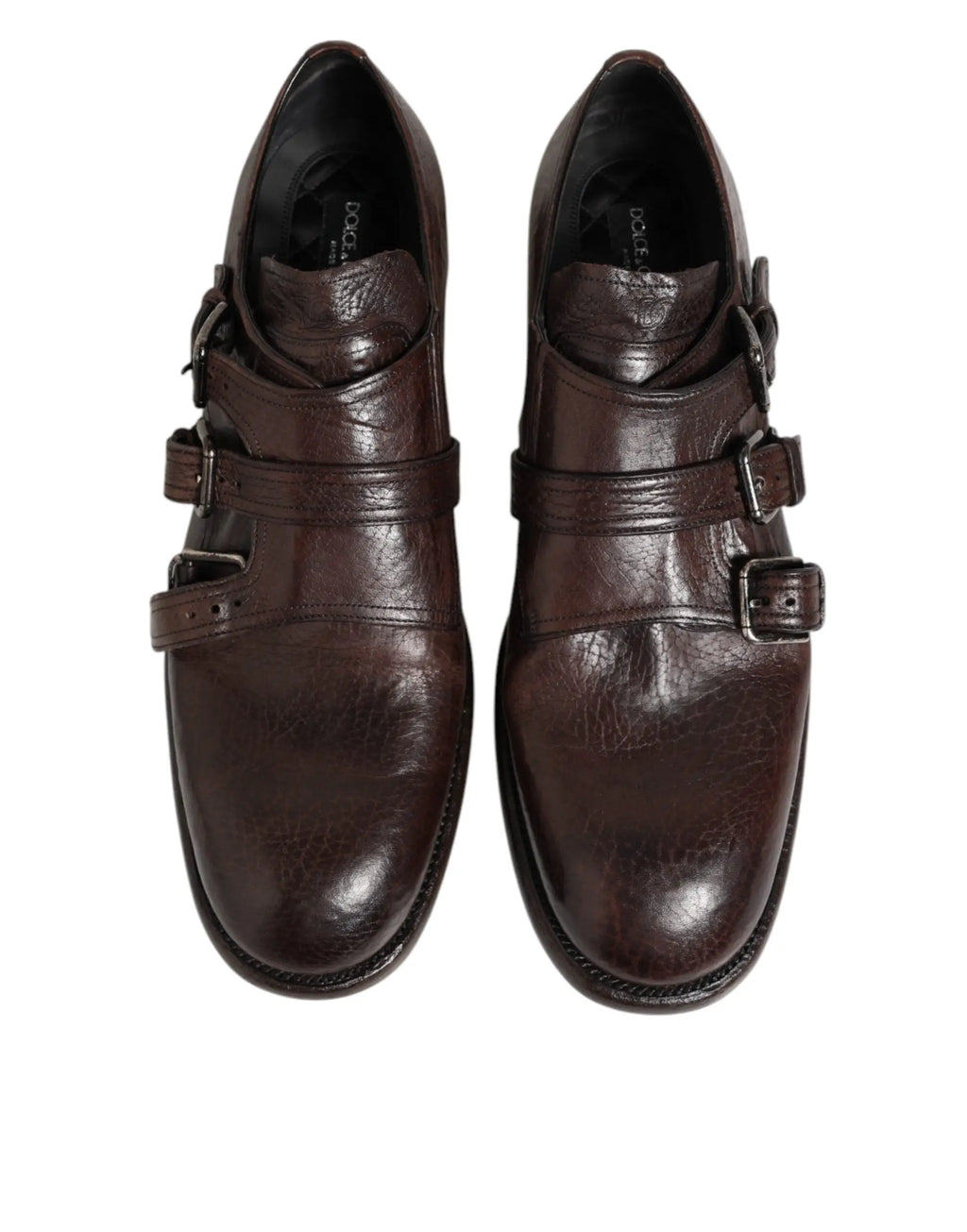 Chaussures derby formelles en cuir marron foncé dolce gabbana avec boucle métallique double monk strap