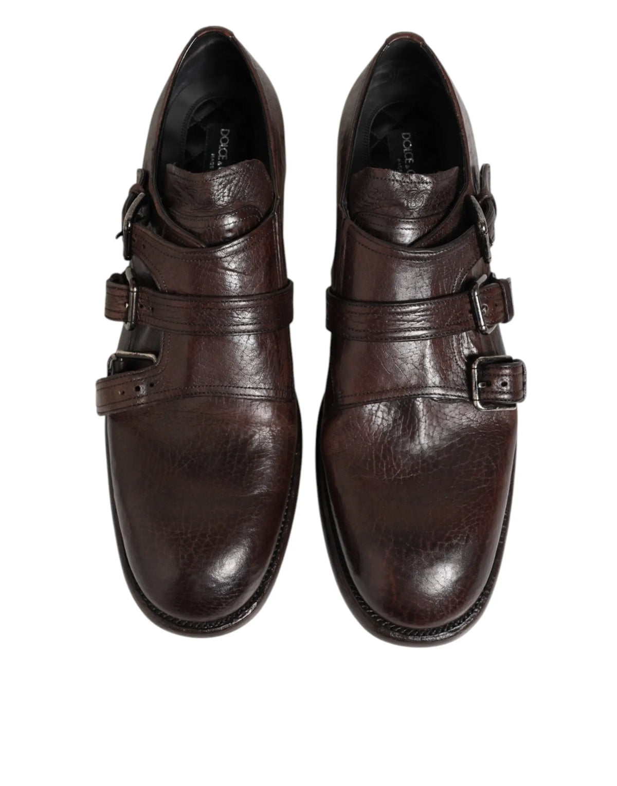 Chaussures derby formelles en cuir marron foncé dolce gabbana avec boucle métallique double monk strap