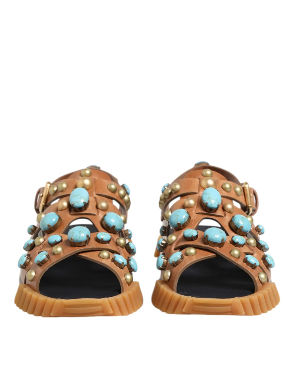 Dolce & gabbana sandales slides en cuir marron ornées de pierres turquoise et clous dorés