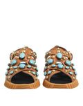 Dolce & gabbana sandales slides en cuir marron ornées de pierres turquoise et clous dorés