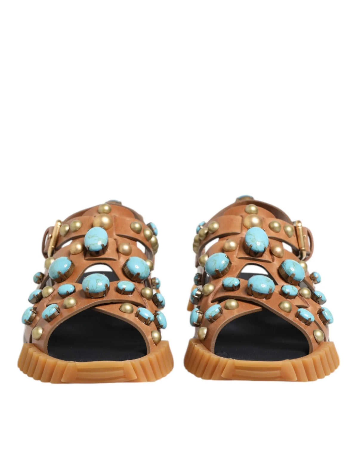 Dolce & gabbana sandales slides en cuir marron ornées de pierres turquoise et clous dorés