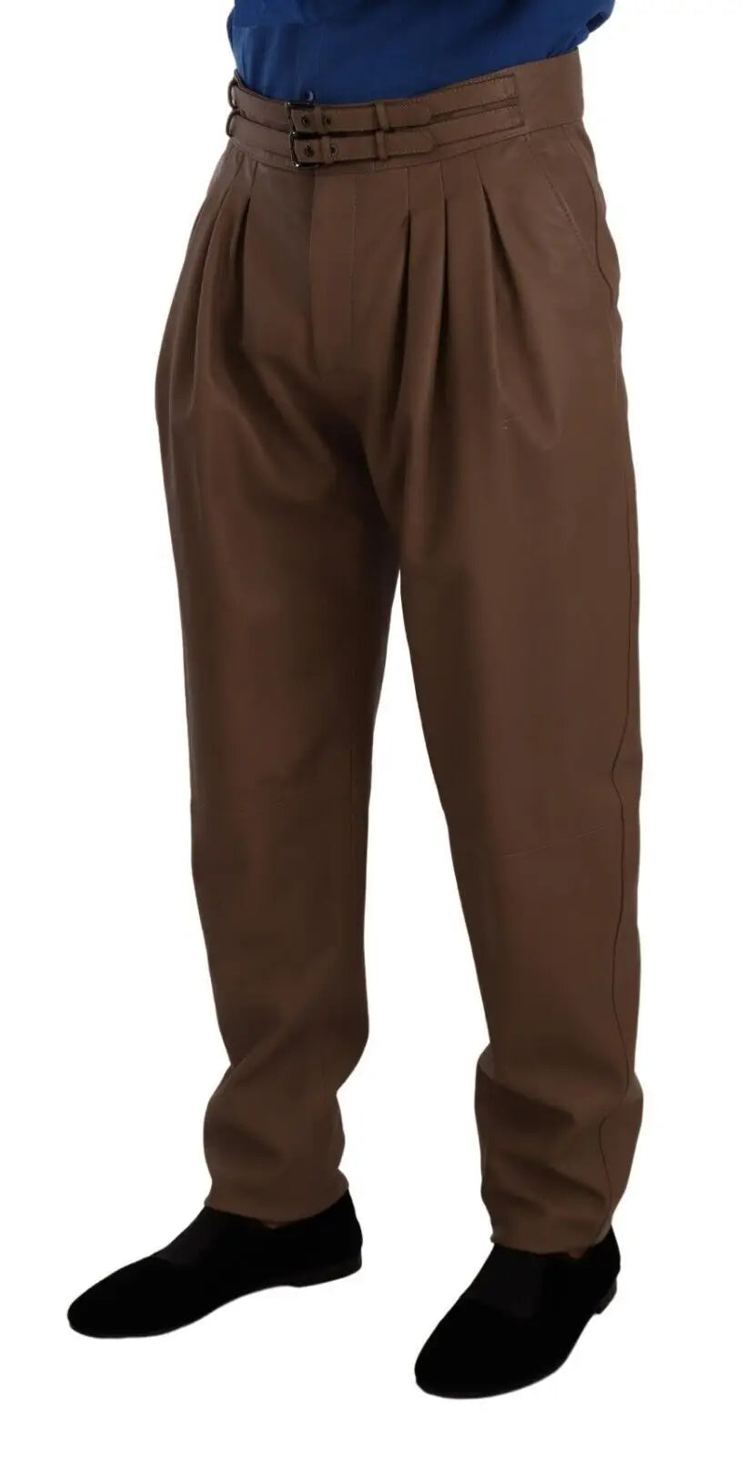 Pantalon marron en cuir tapered taille haute dolce gabbana avec plis ceinture et fermeture bouton