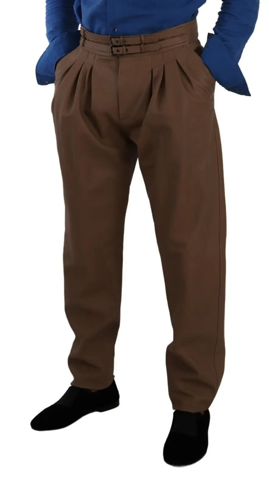 Pantalon chino plissé marron dolce & gabbana en cuir avec ceinture double boucle taille haute et coupe fuselée