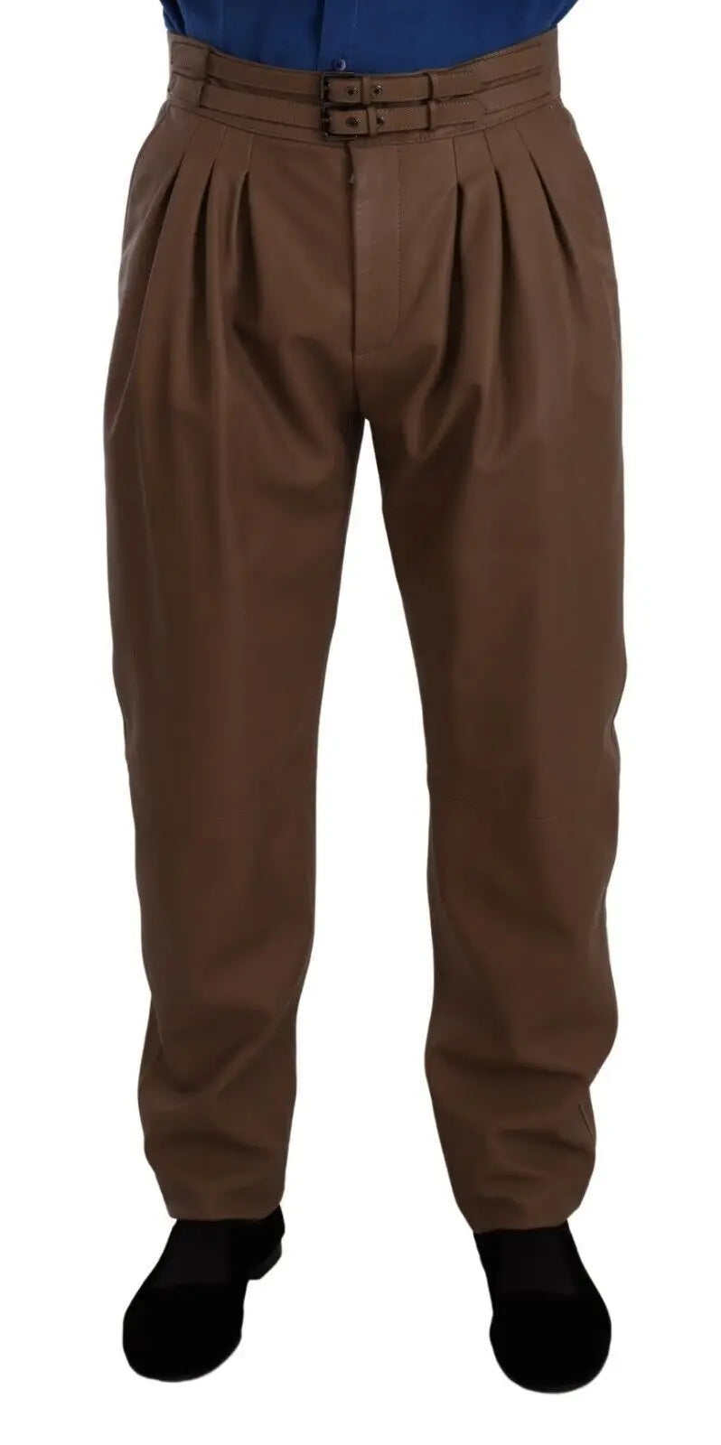 Pantalon marron en cuir dolce & gabbana taille haute avec plis et ceinture assortie à deux boucles