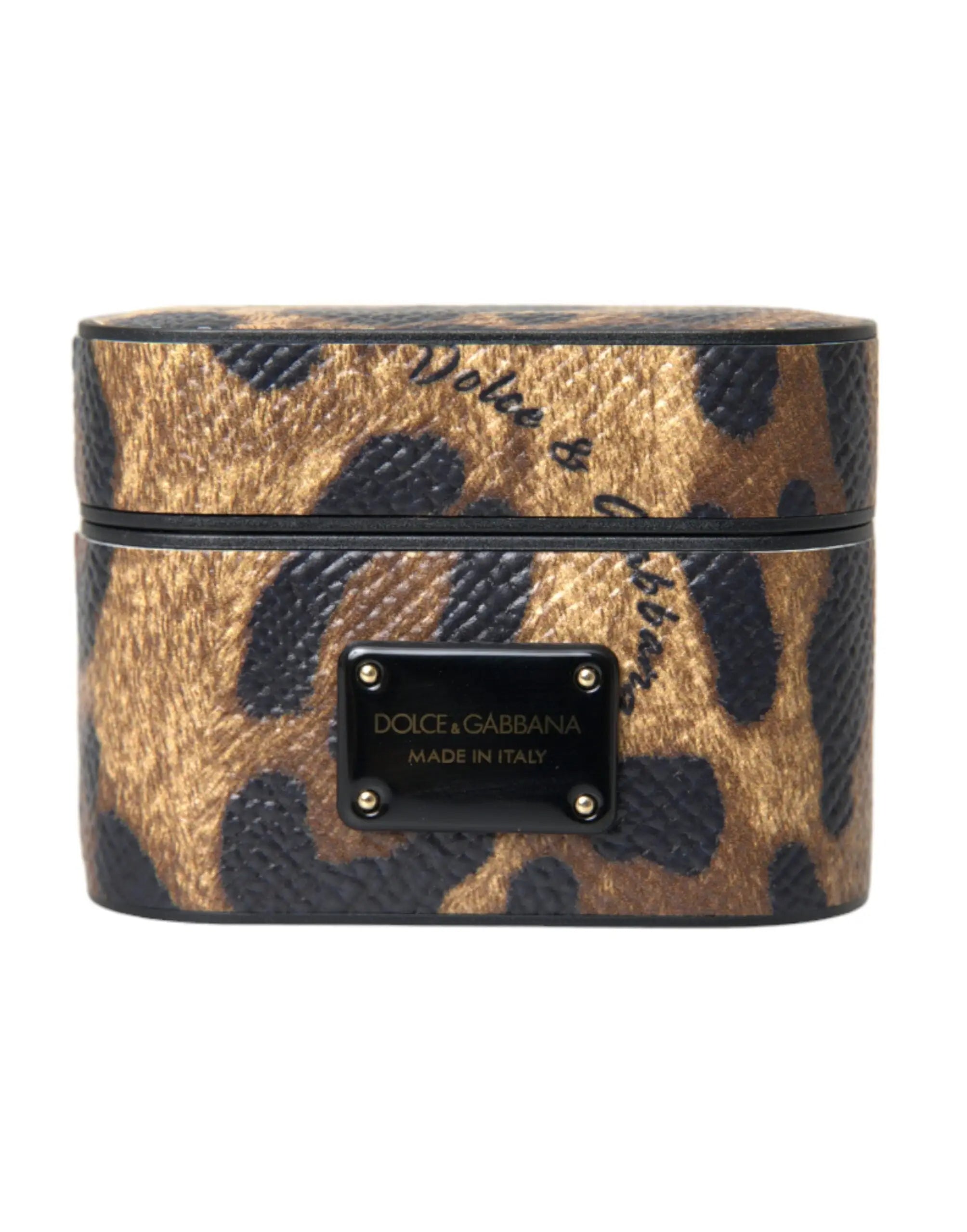 Étui pour airpods dolce & gabbana en cuir de veau léopard marron avec plaque métallique noire visible au verso
