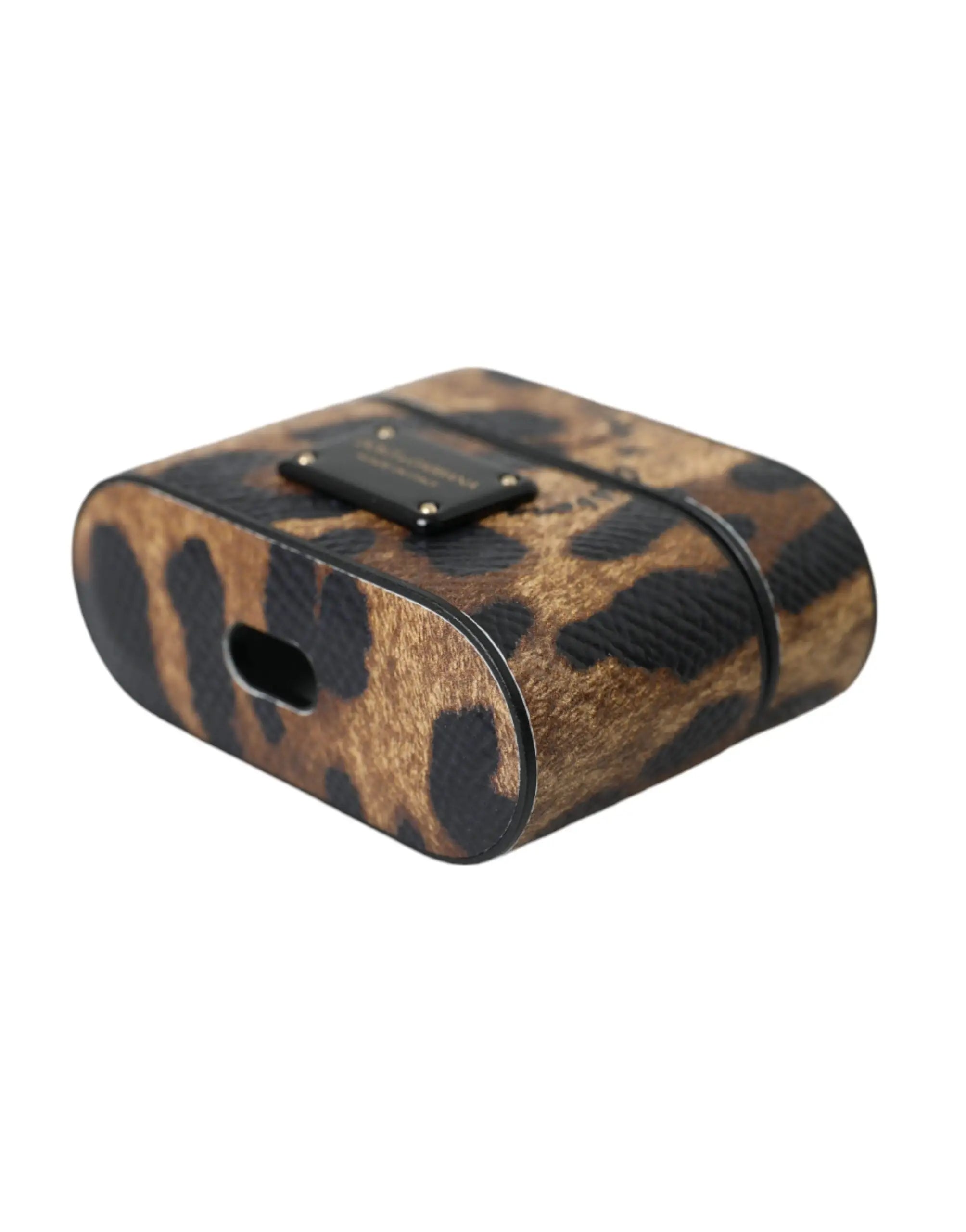 Étui pour airpods pro dolce & gabbana en cuir de veau marron imprimé léopard avec plaque logo métal