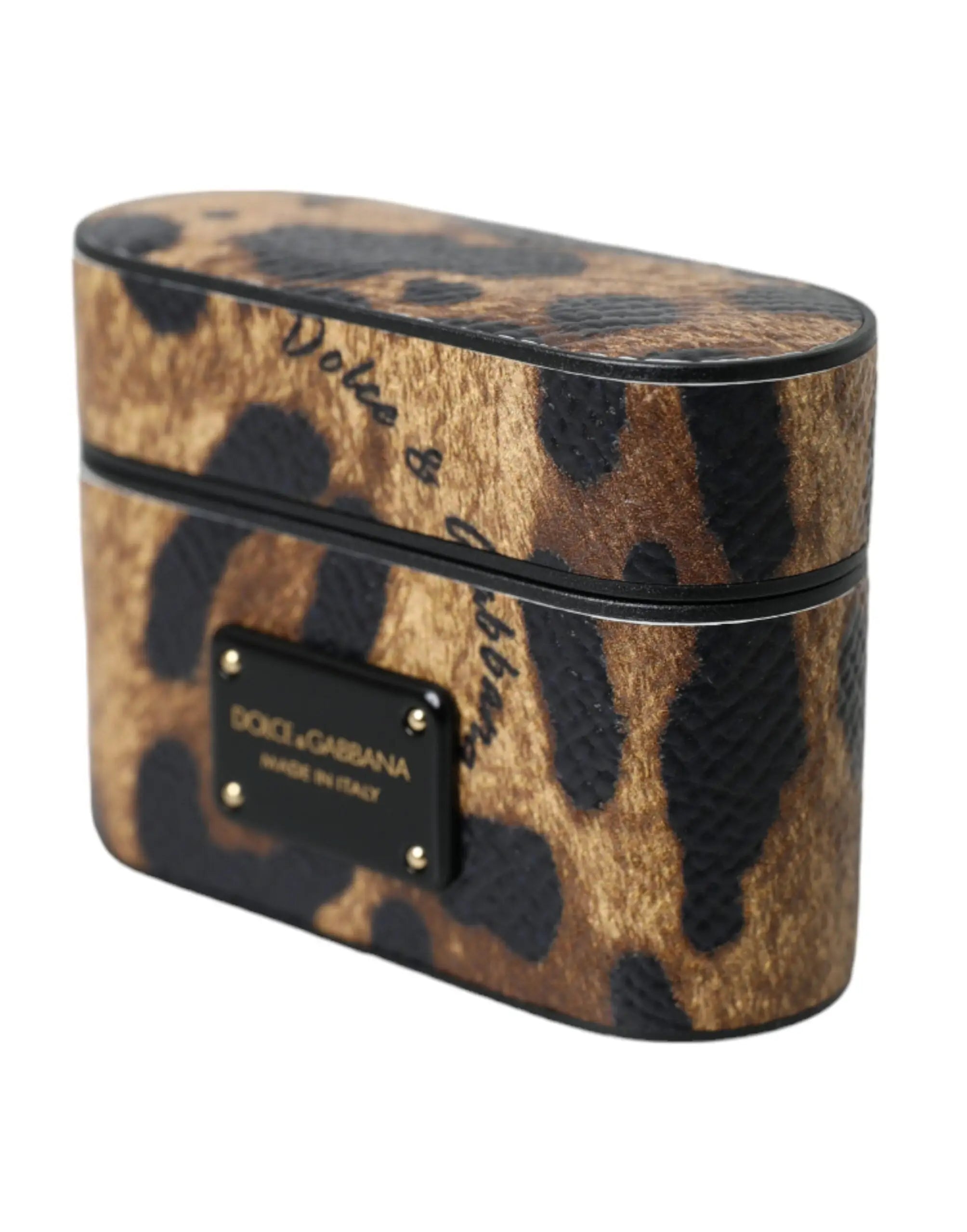 Dolce & gabbana étui pour airpods en cuir de veau léopard marron avec plaque logo en métal