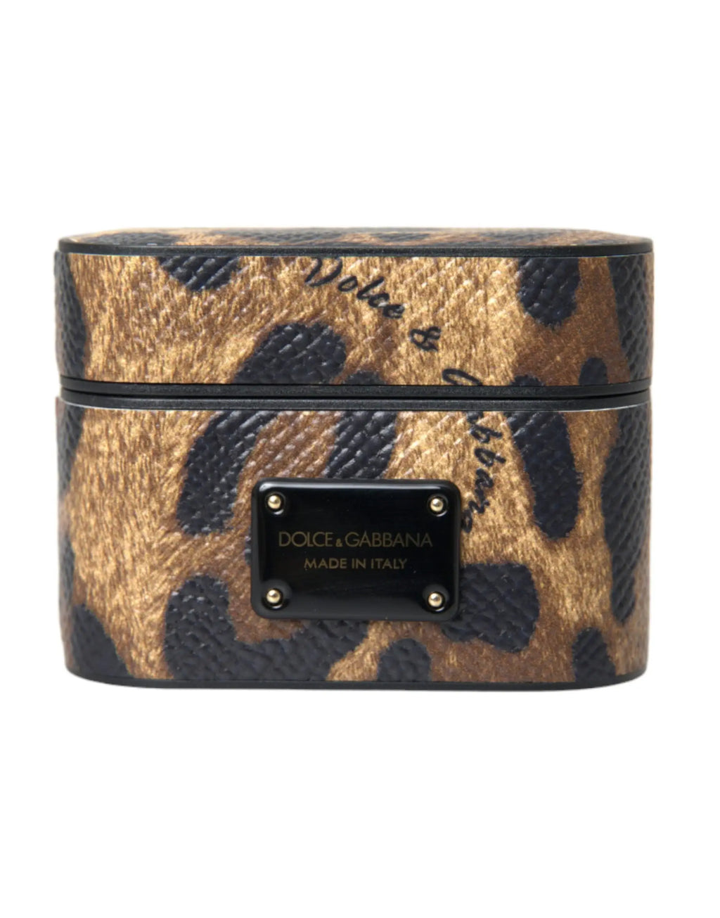 Dolce & gabbana étui airpods en cuir de veau brun motif léopard avec plaque en métal noire visible au verso