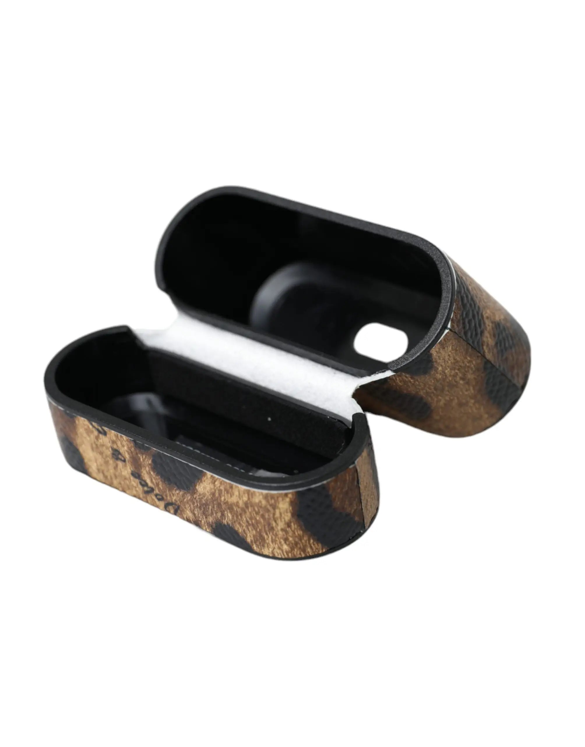 Dolce & gabbana airpods case en cuir imprimé léopard marron avec intérieur noir texturé en similicuir