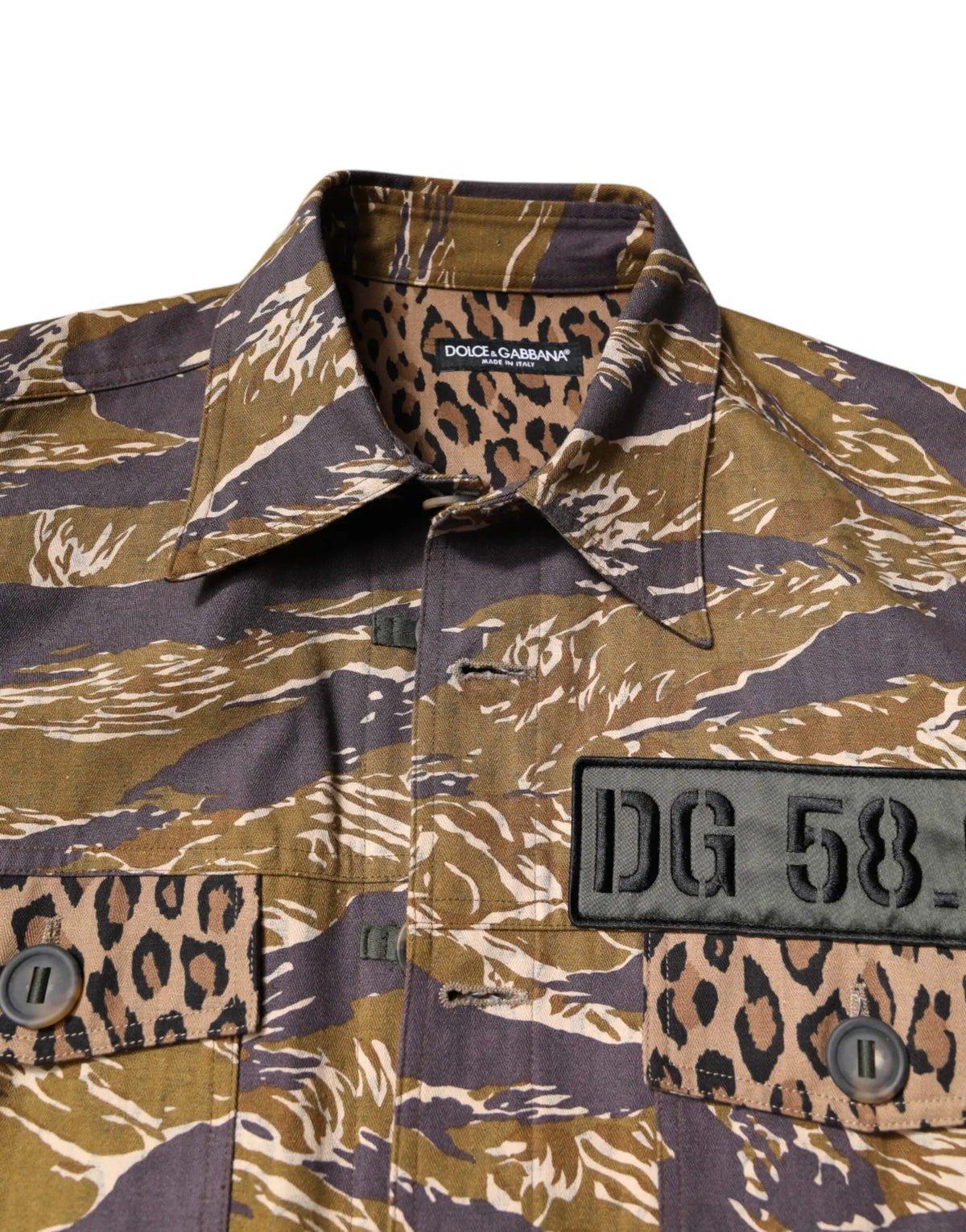 Dolce & gabbana manteau veste en coton marron à col avec motif tigre militaire olive et gris avec poches léopard