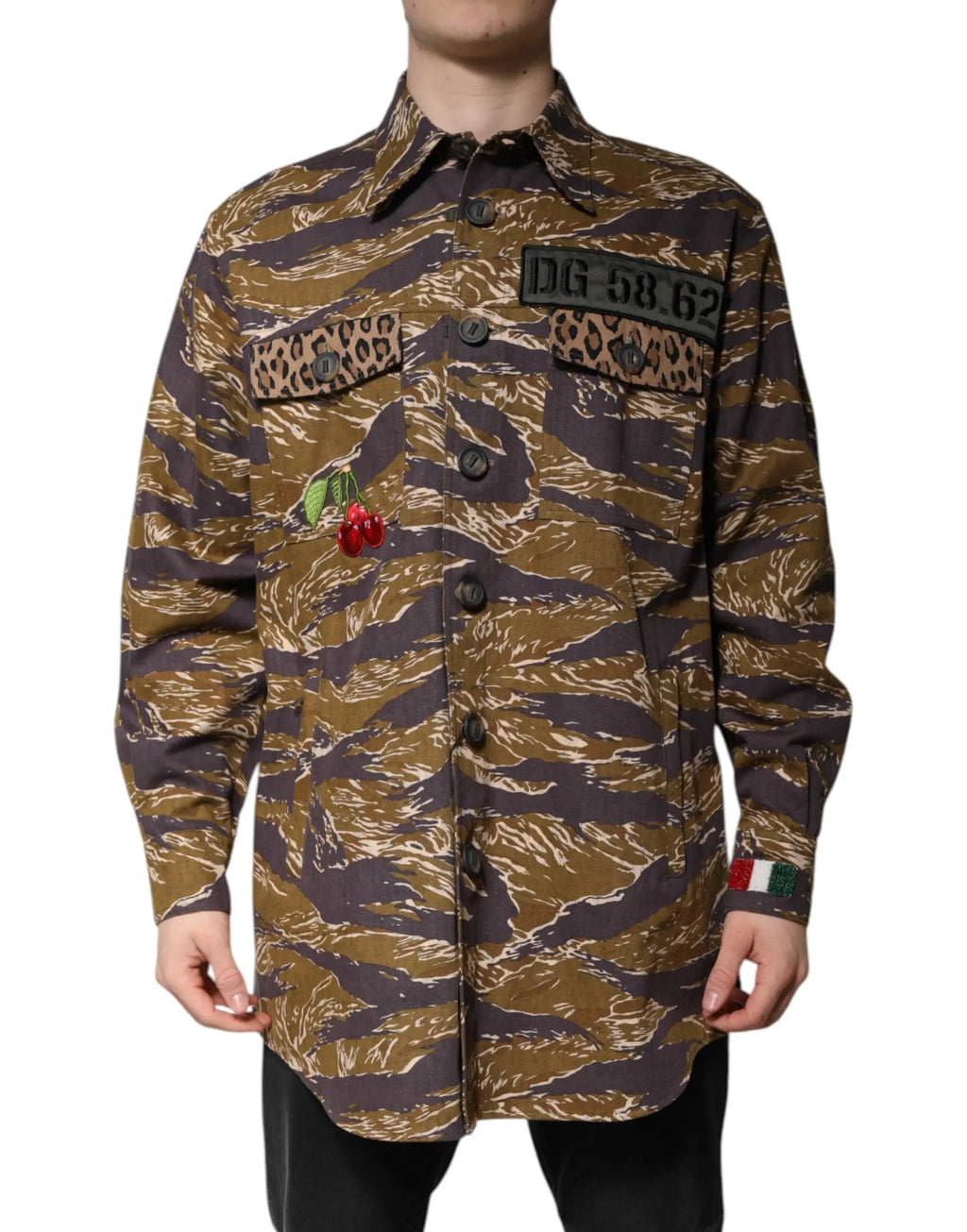Dolce & gabbana brown leopard cotton collared coat jacket with tiger stripe shirt featuring leopard pockets cherry embroidery and dg patch