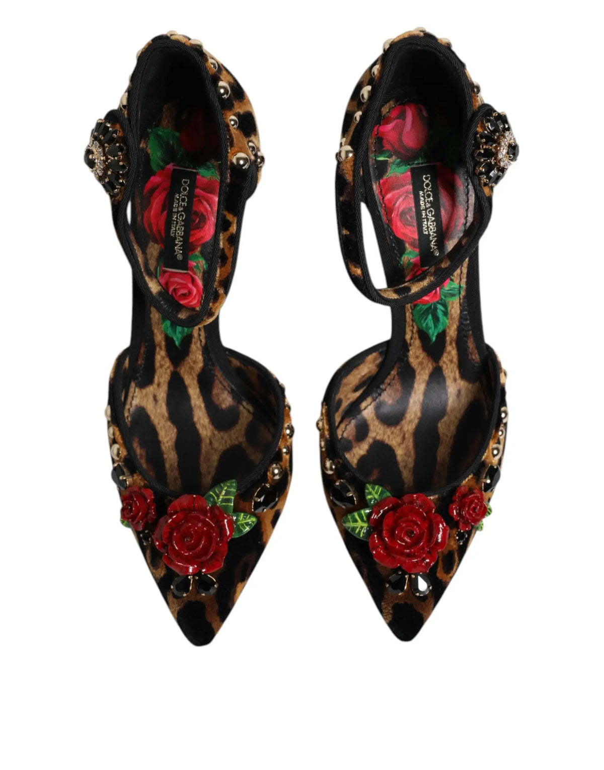 Dolce & gabbana brown leopard print pumps with red rose embellishments and crystal accents