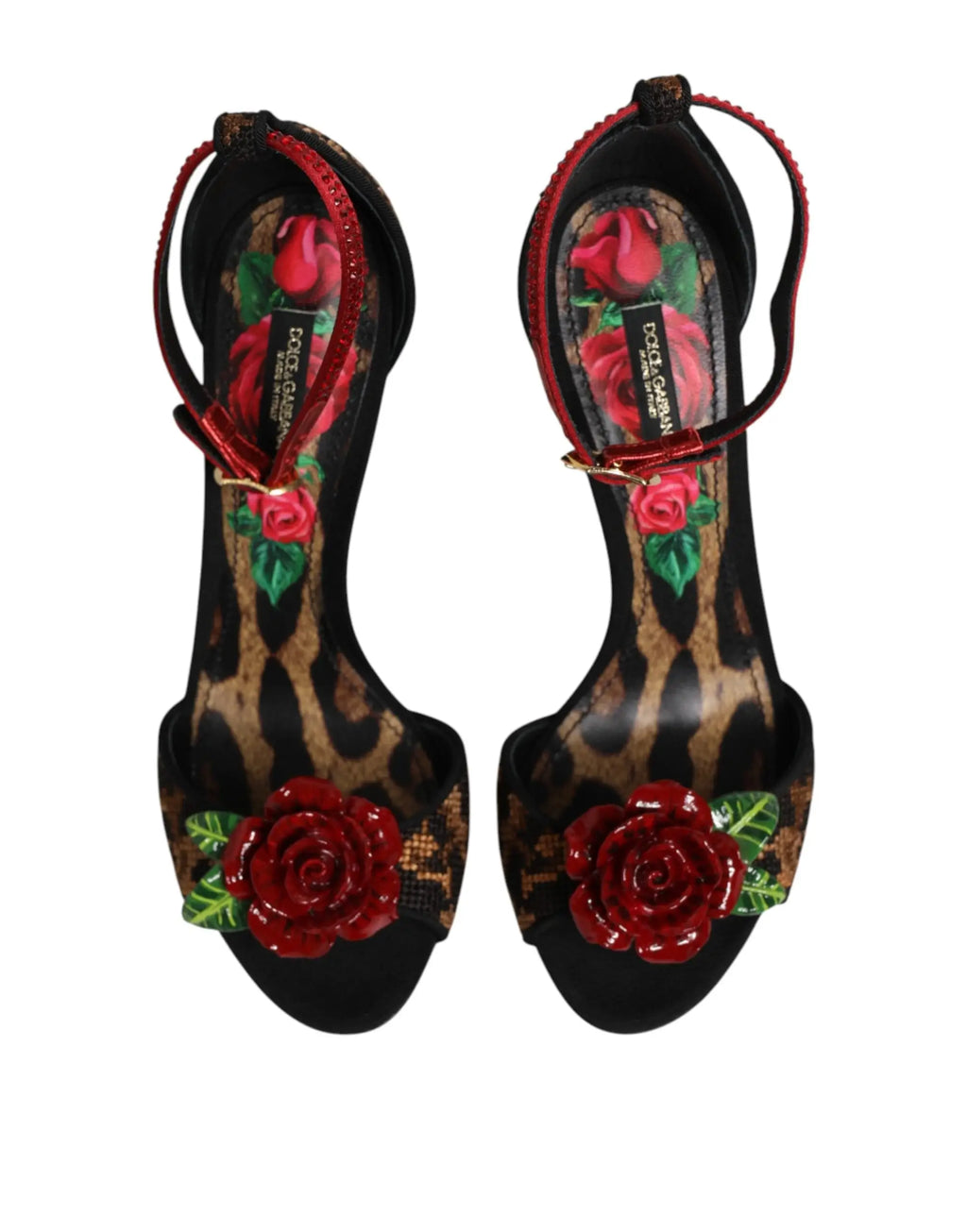 Sandales à talons dolce & gabbana avec imprimé léopard marron et roses en cristal rouges