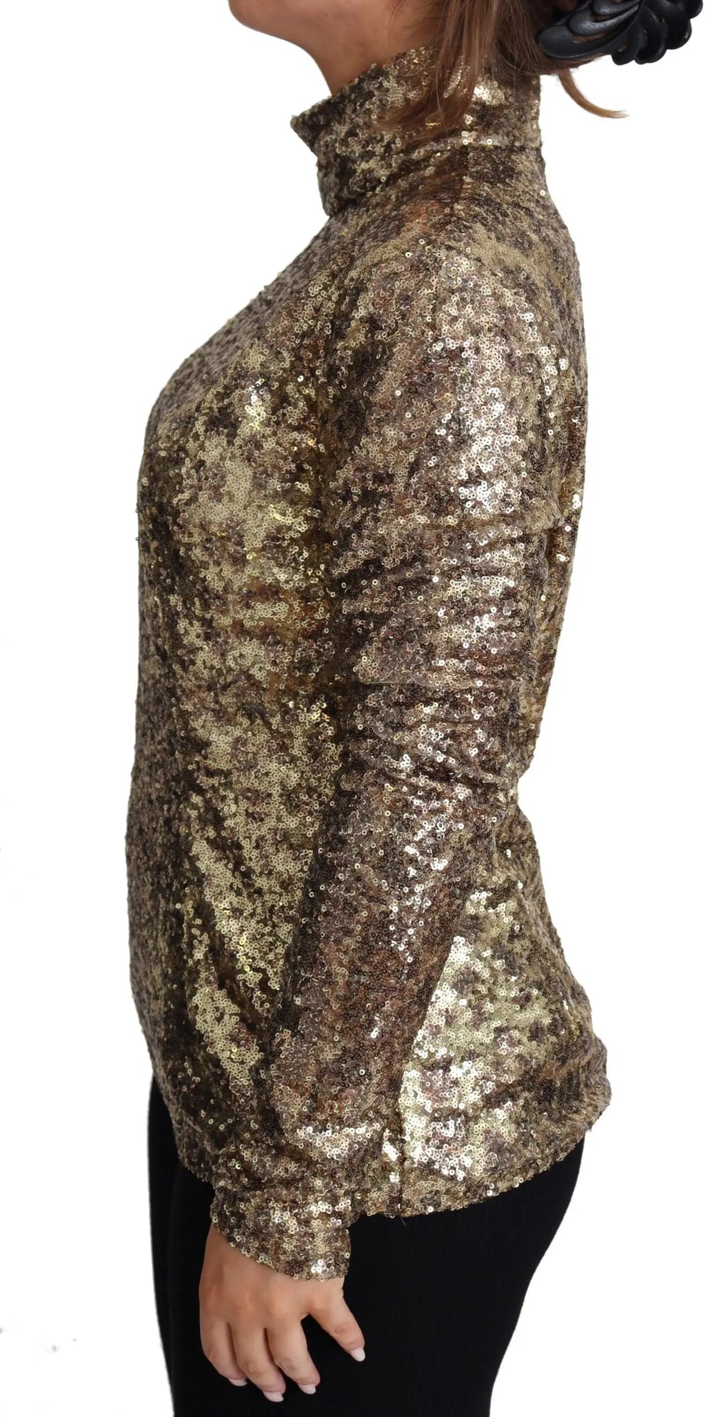 Dolce & Gabbana pull col roulé ajusté léopard marron à sequins or scintillants manches longues
